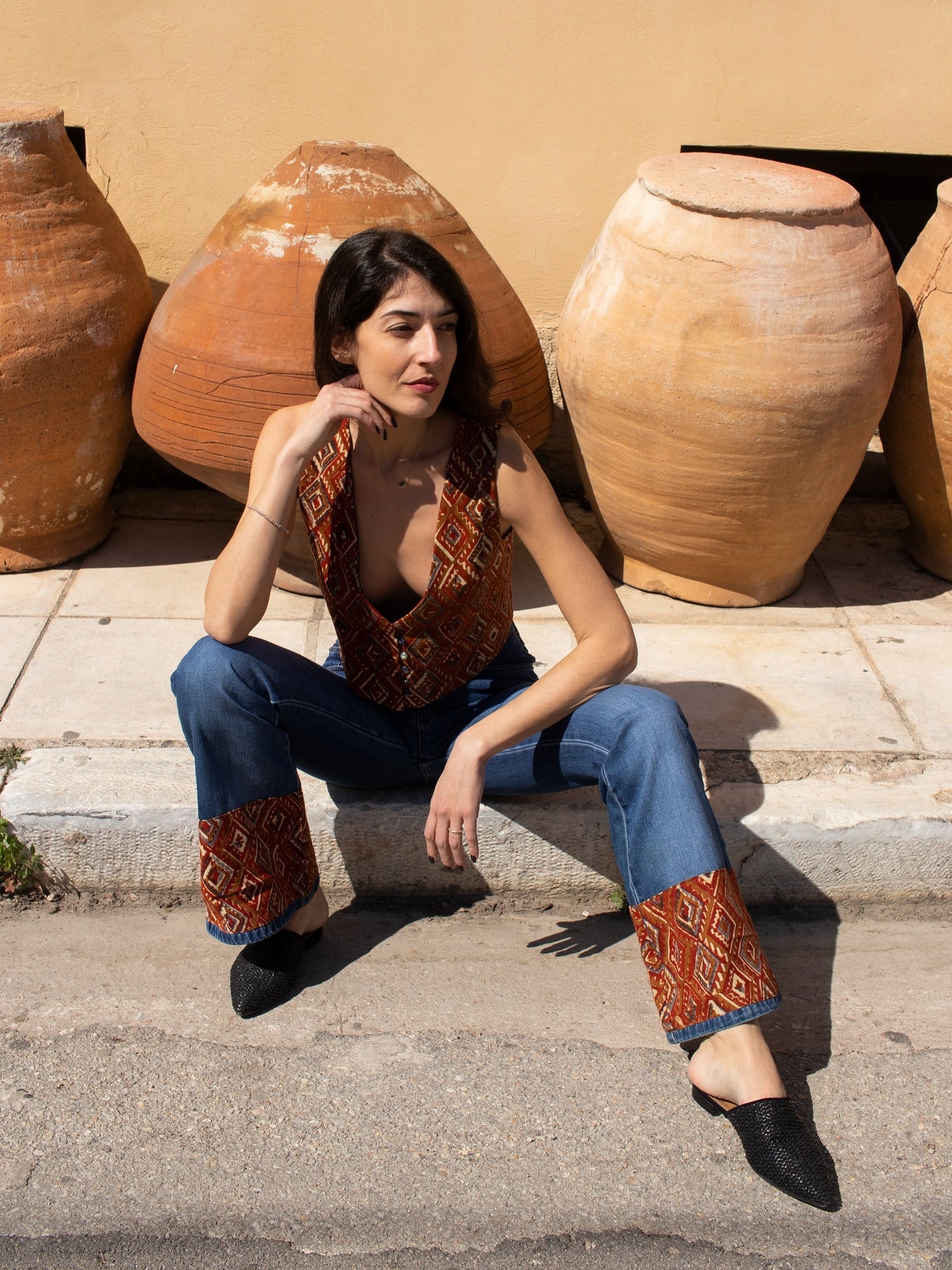 Handmade Vest & Denim Pants Patchwork