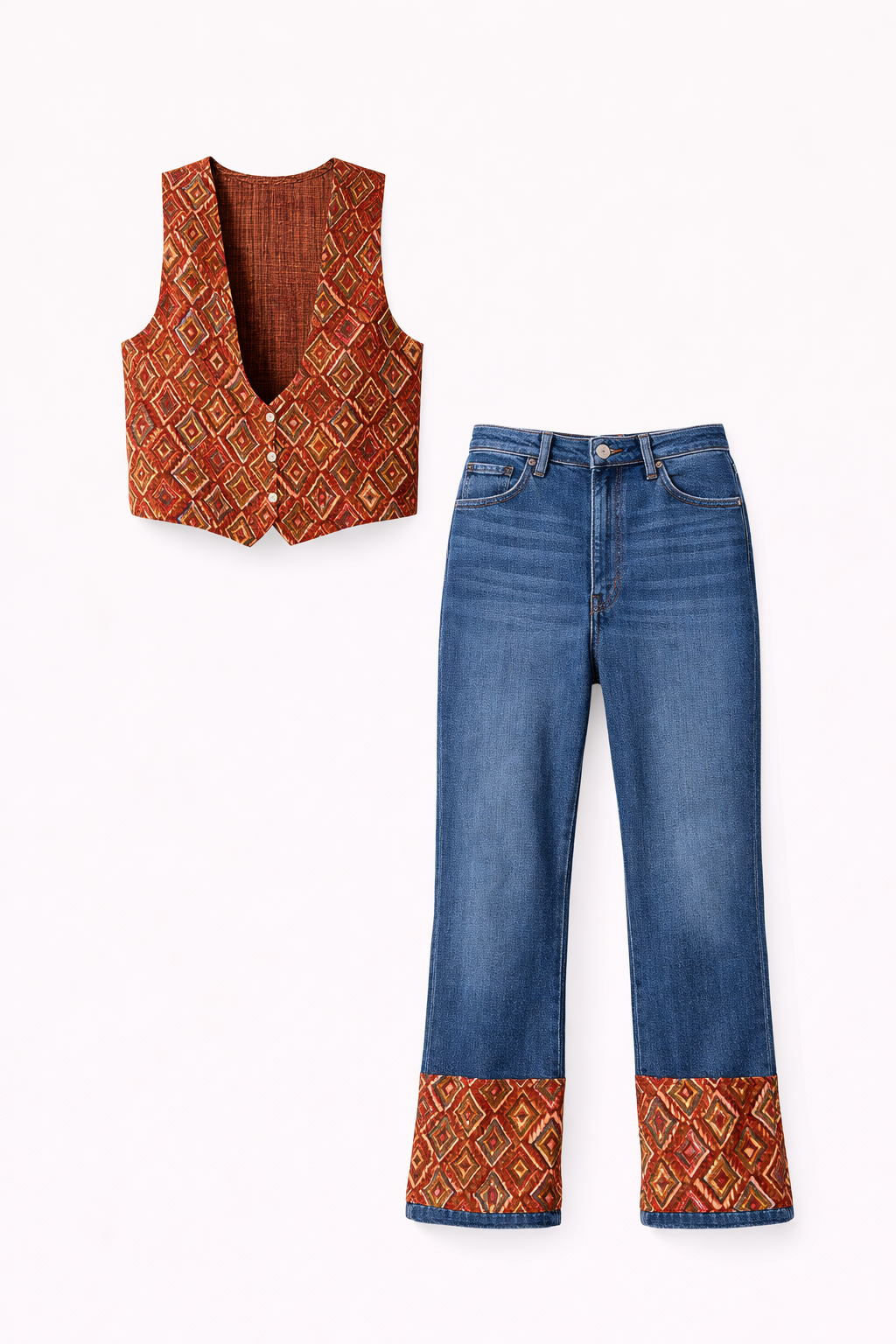 Handmade Vest & Denim Pants Patchwork
